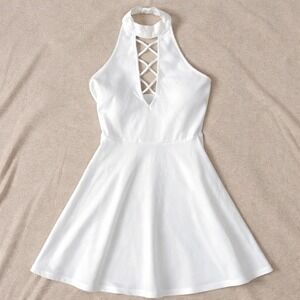 Express White Halter Mini Dress Crisscross Lace-Up Fit Flare Bachelorette Y2K